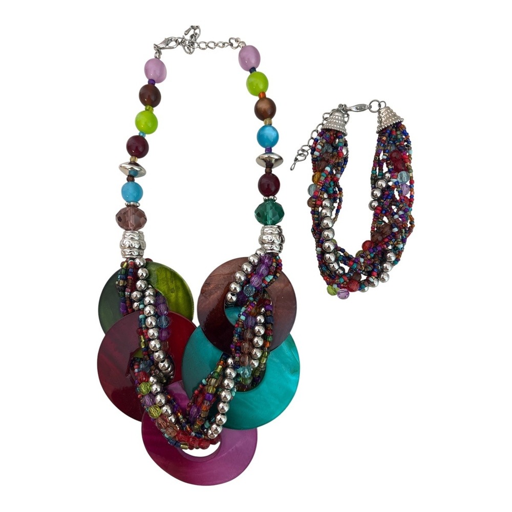 Boho Multi Strand Beaded Jewelry Set Colorful Wood Disc Necklace and Bracelet